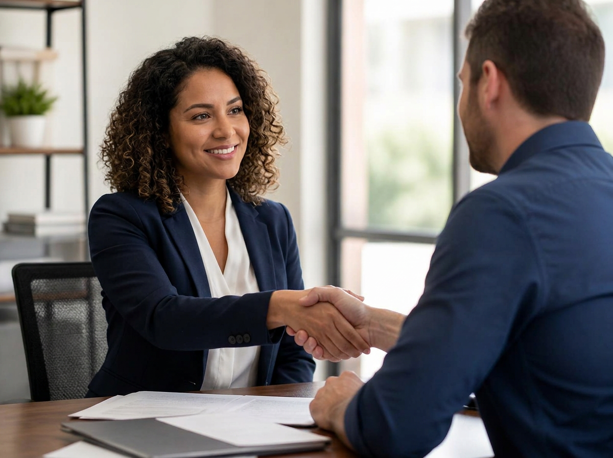 An A4K recovery specialist shaking hands with a client across an office table with recovery paperwork