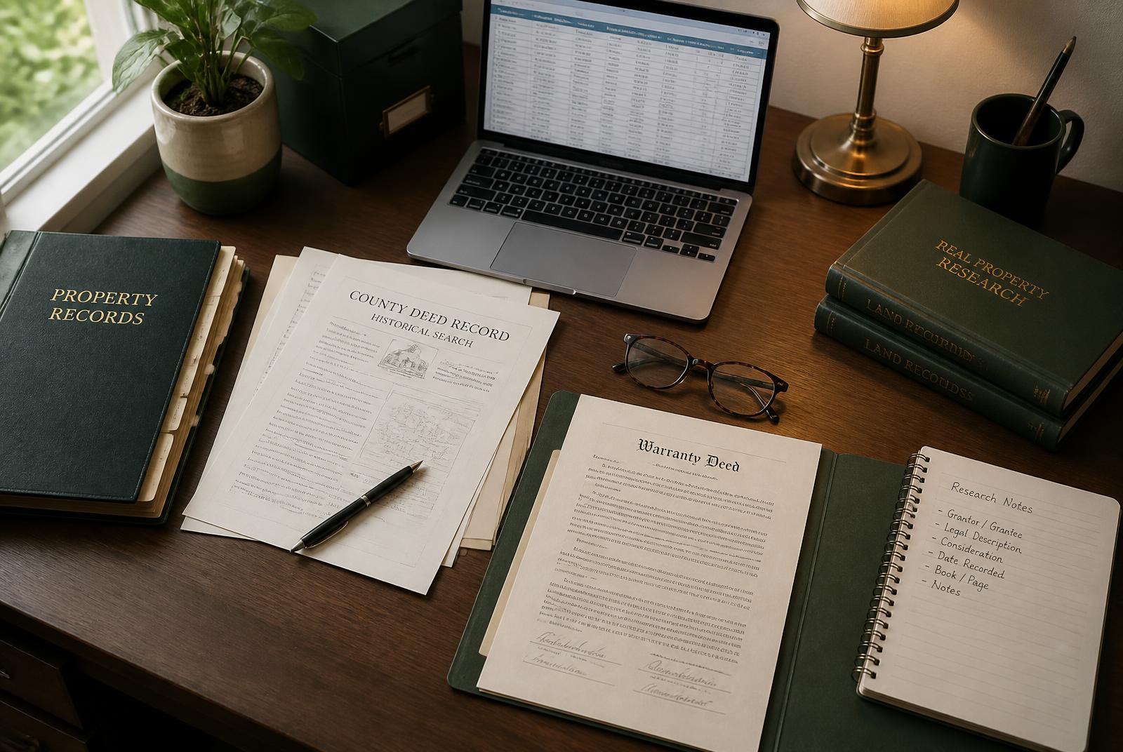 Property records, county deed documents, and research notes on a desk